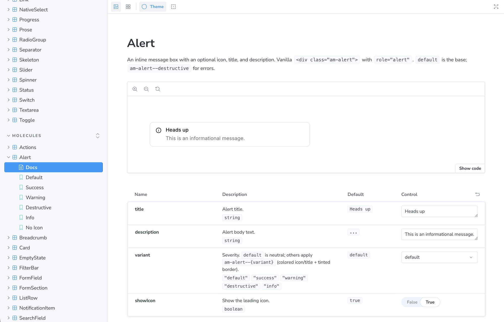 The coded Alert component's Storybook docs, matching the Figma side variant-for-variant example image for am-ui Component Library