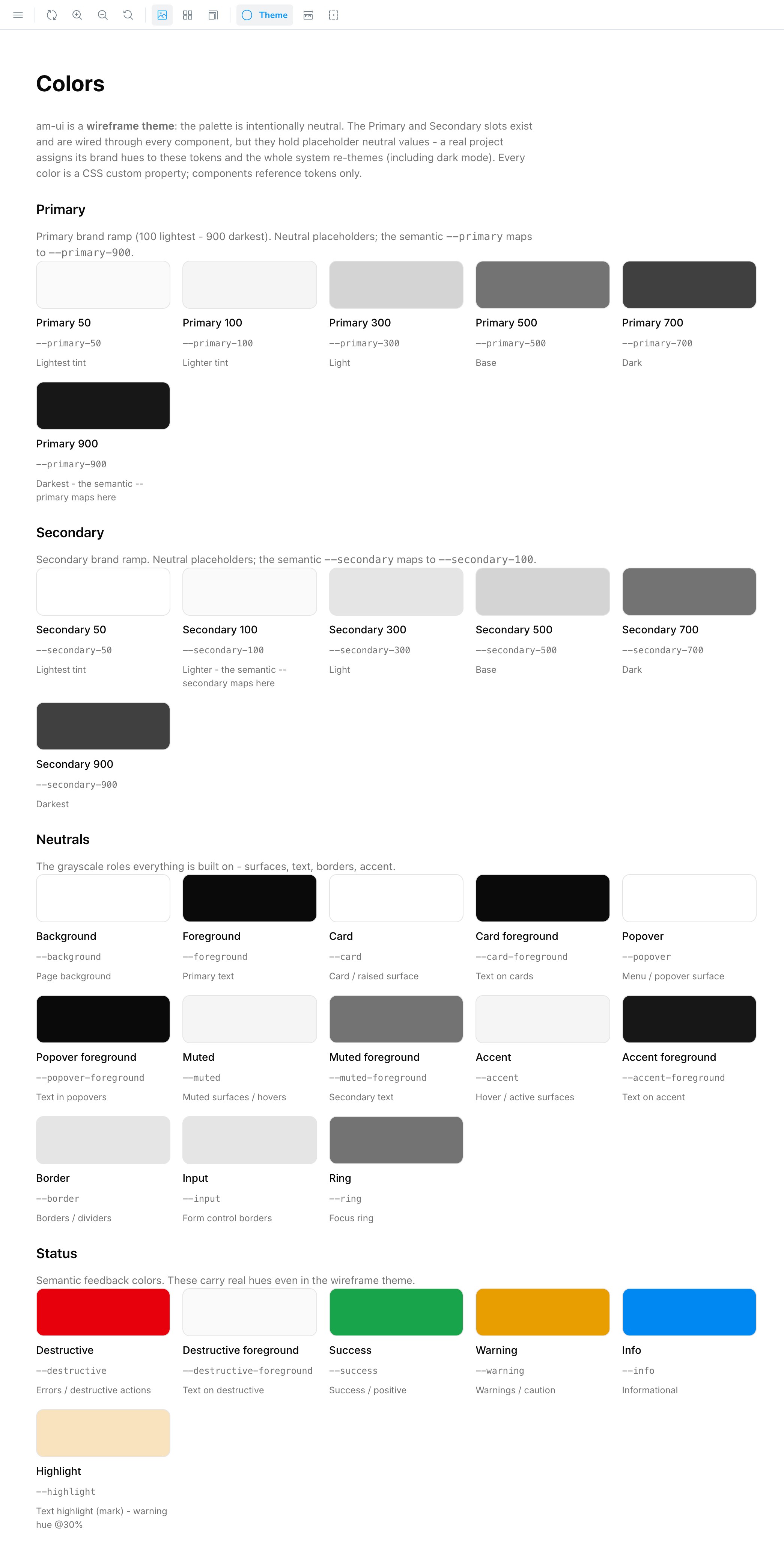 The same Colors tokens documented on the coded component-library side, kept in parity by the token bridge example image for am-ui Component Library