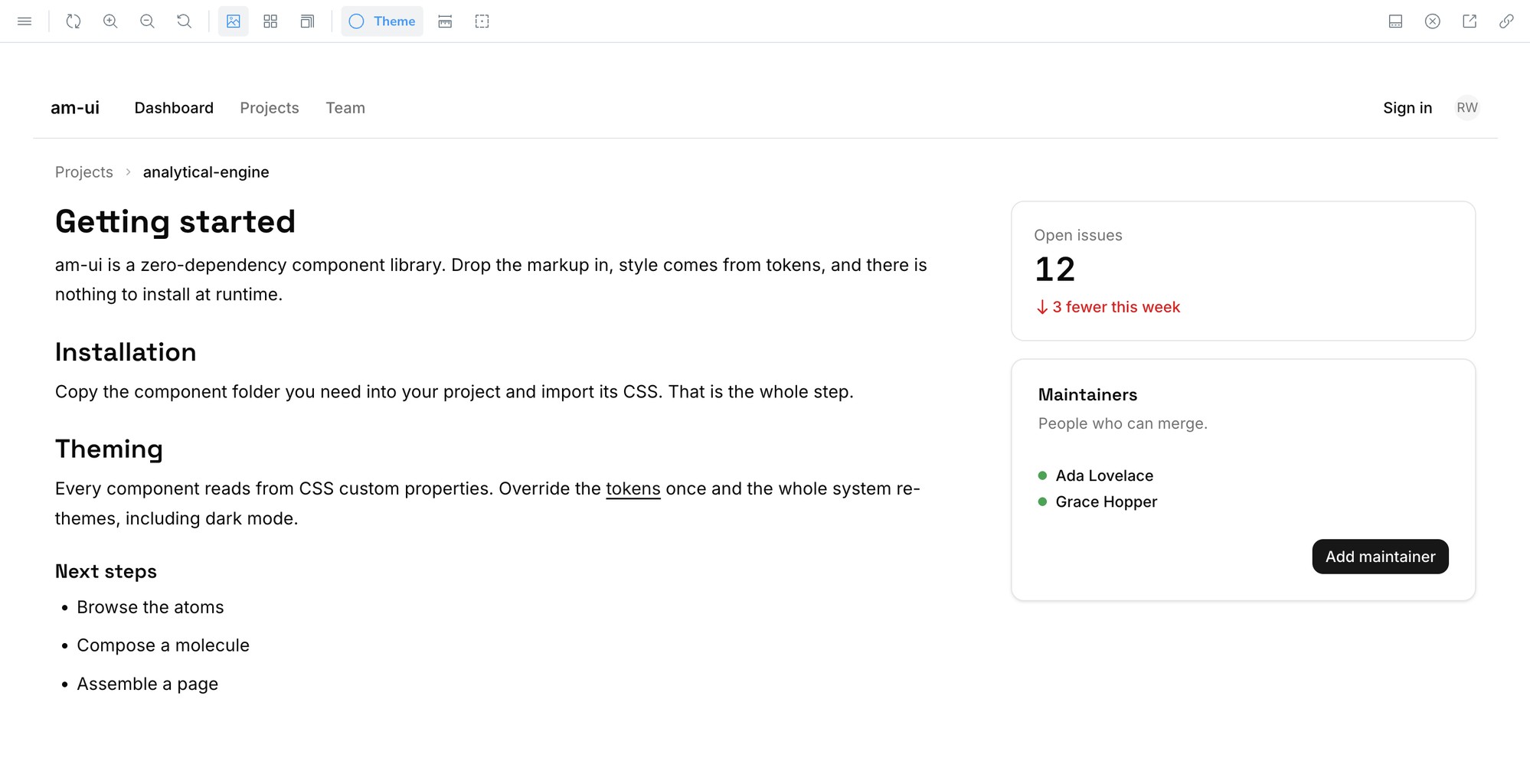 A real, working content page built entirely from am-ui components in the shipped wireframe theme, before any visual design was applied example image for am-ui Component Library