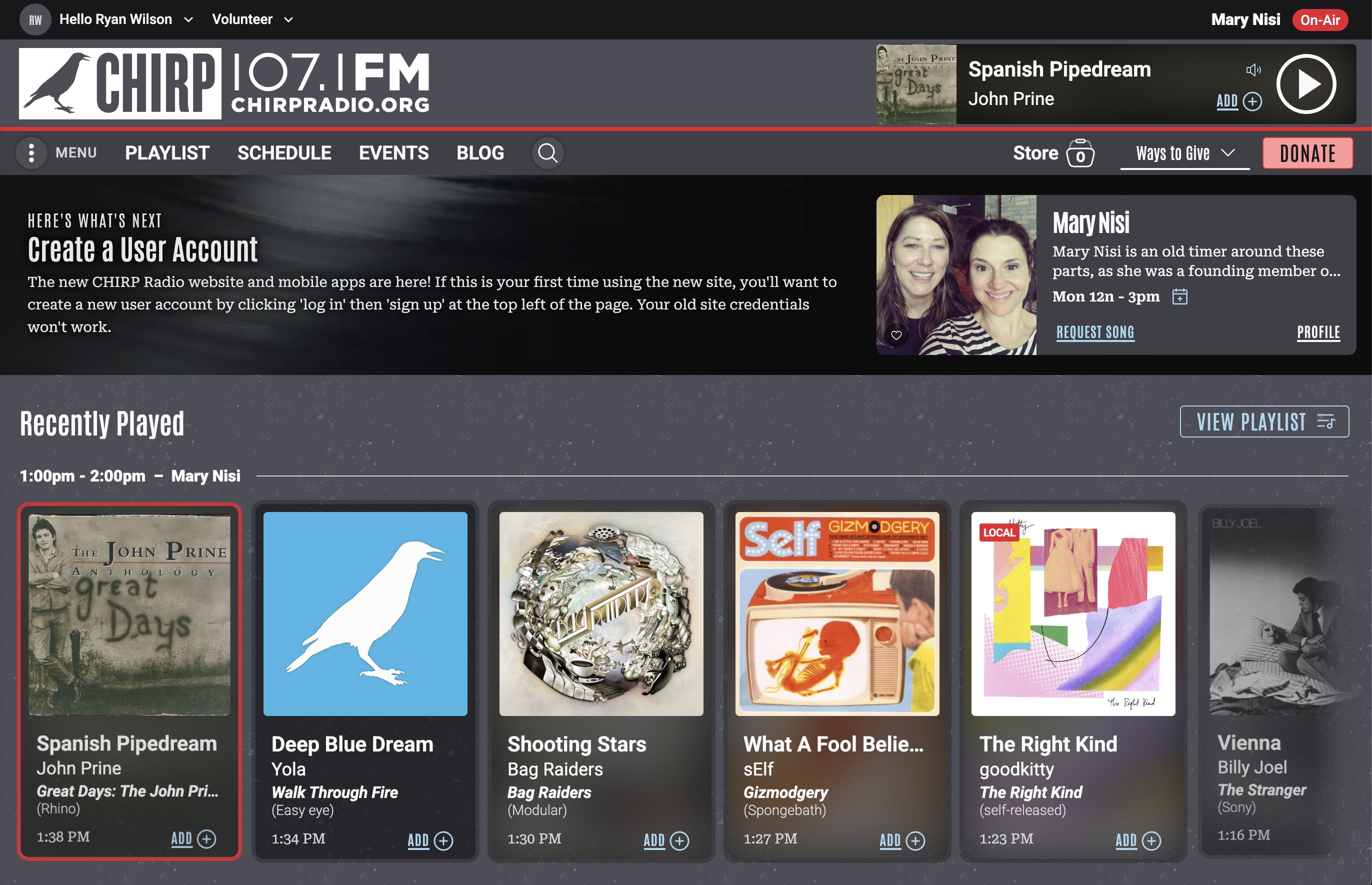 The live CHIRP homepage in dark mode, showing the persistent Now Playing player, DJ card with song-request link, and recently played tracks example image for Web & Mobile App Modernization